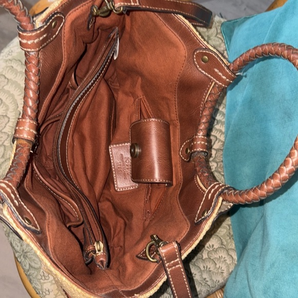 Fossil  straw satchel  Crossbody bag embroidered/beads tan/brown leather trim - Picture 6 of 17
